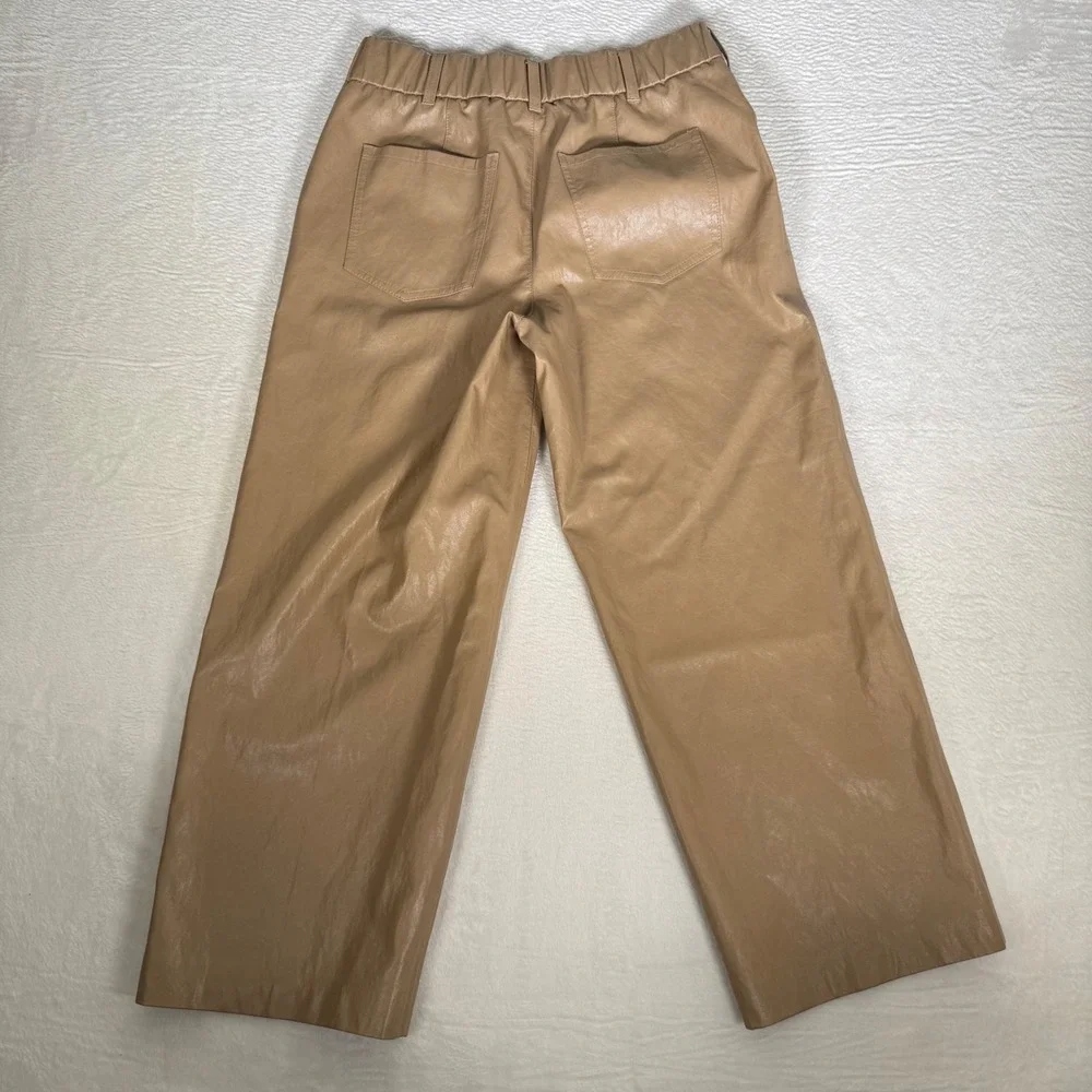 Chico's Faux Leather Wide Leg Pants Tan Camel Elastic Back Size 4‎ Regular 4R